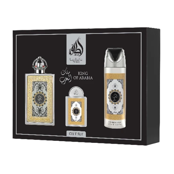 LATTAFA KING OF ARABIA GIFT SET 3PC 100ML 20ML 200ML LATTAFA KING OF ARABIA GIFT SET 3PC 100ML 20ML 200ML
