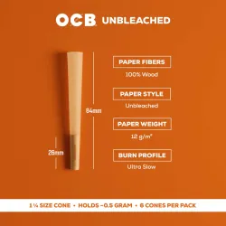 OCB VIRGIN UNBLEACHED CONES 24CT 6PC 1 1/4